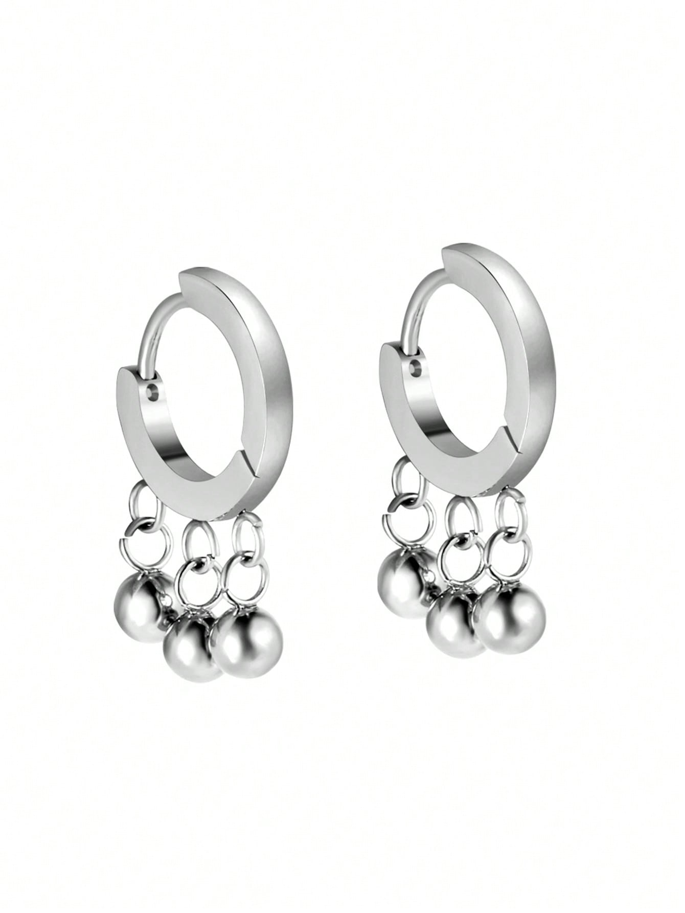 1 Pair Of Stainless Steel Hoops With 3 Steel Ball Drop Earrings-Silver-1