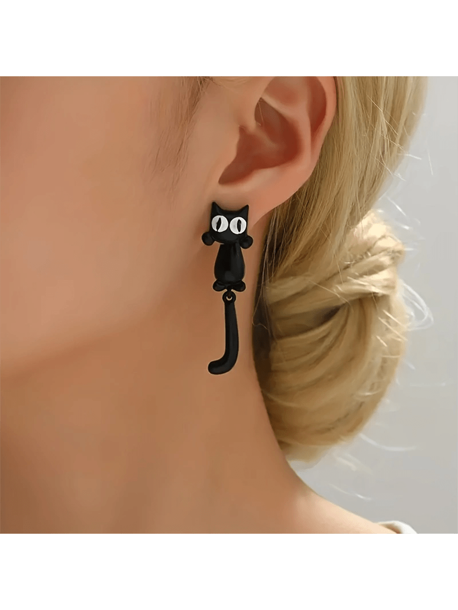 Cute Cartoon Black Cat Design Dangle Earrings Bohemian Style Zinc Alloy Jewelry Delicate Gift For Women Girls-Black-1