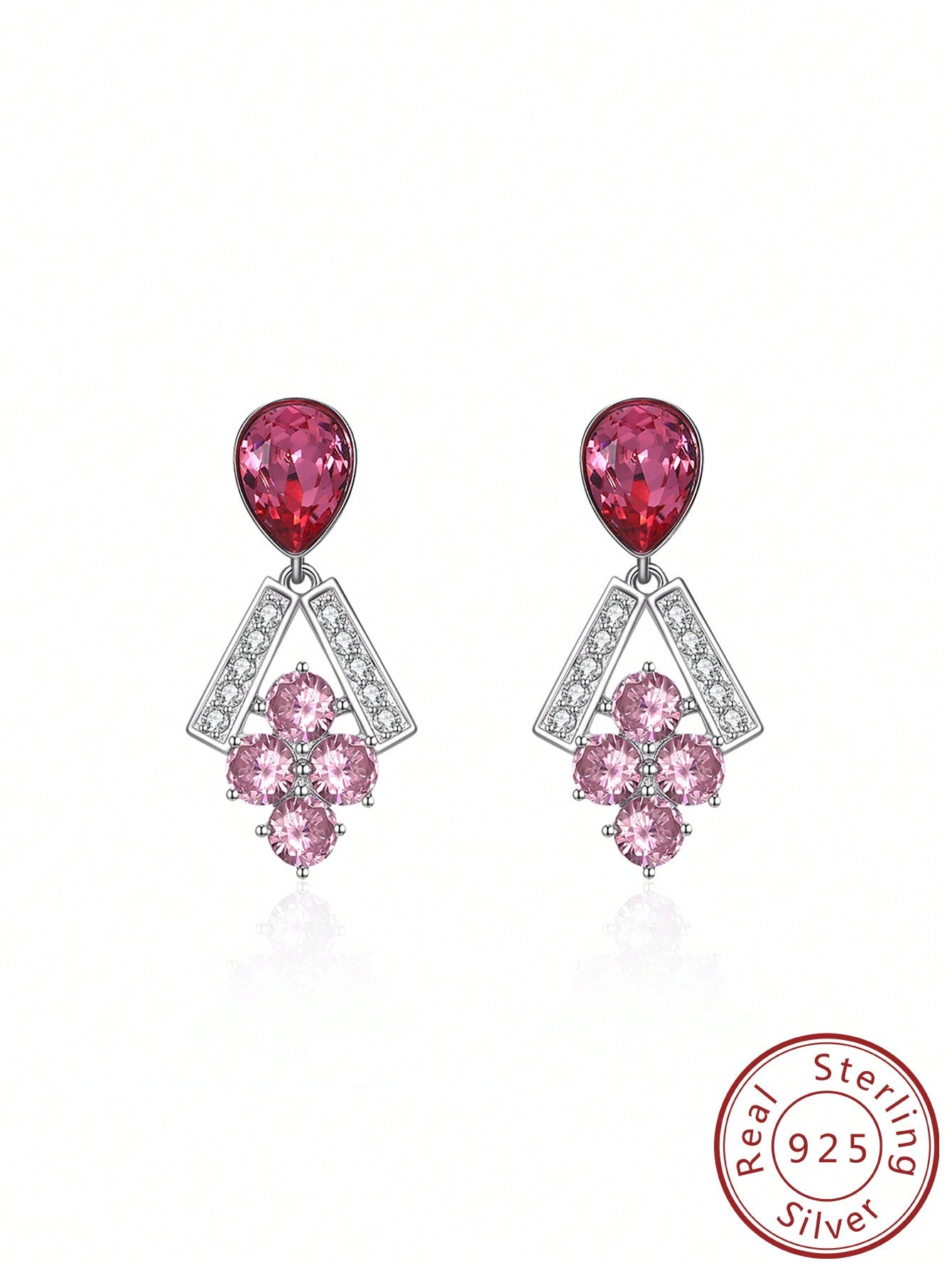 1pair S925 Sterling Silver Earrings With Diamond In Grape Cluster Shaped Pendant. Minimalist, Fashionable And Elegant, Suitable For Daily Wear, Also A Good Gift For Friends And Girlfriends.-Pink-1