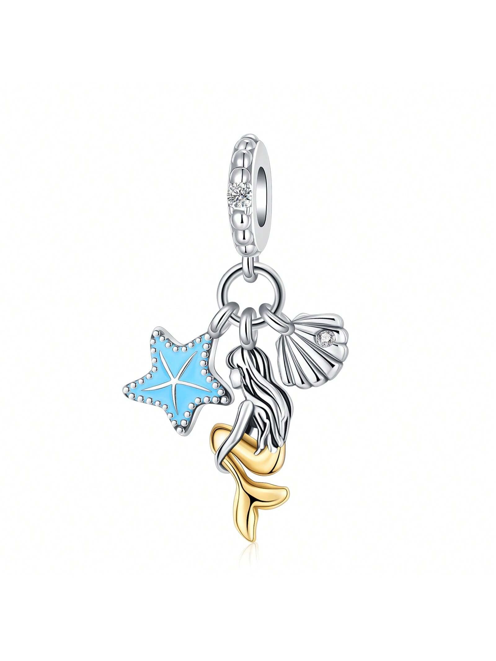 Silver Plated Charm Mermaid Starfish Shell Pendant Charm Pendant Ball Suitable for Bracelets DIY Women's Jewelry-Silver-1