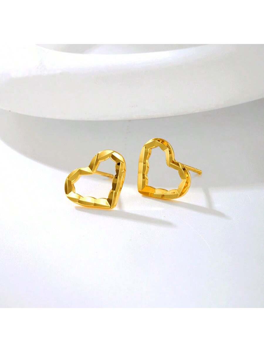 Gold-color Small Heart Design Stud Earrings With Jewelry Box For Women-Gold-1