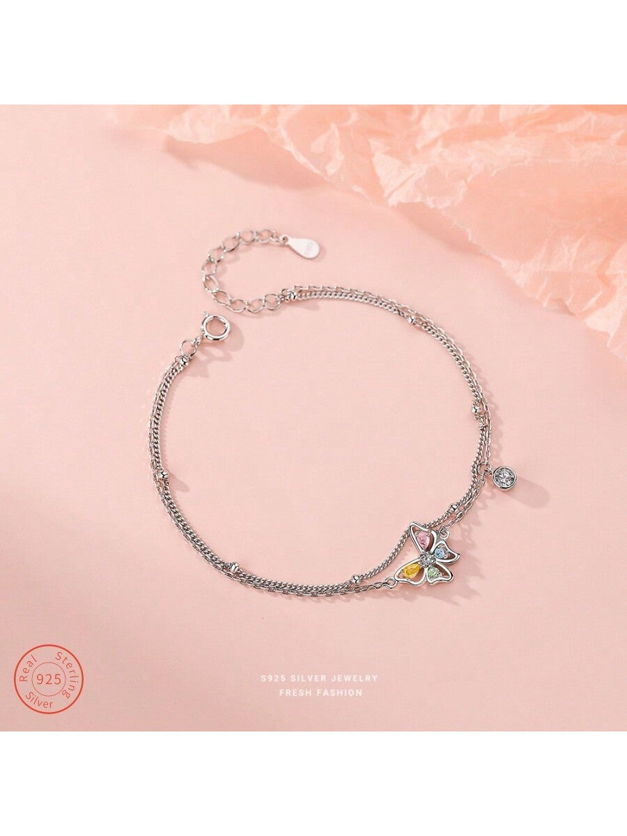 1 pcs S925 sterling silver with colorful CZ zirconia butterfly women's bracelet, suitable for women's daily wear gift jewelry--1