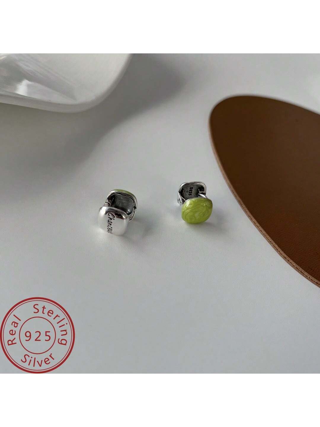 French Simple Style S925 Sterling Silver Mustard Green Drip Glaze Geometric Square Earrings, Vintage And Sophisticated Design-Green-1