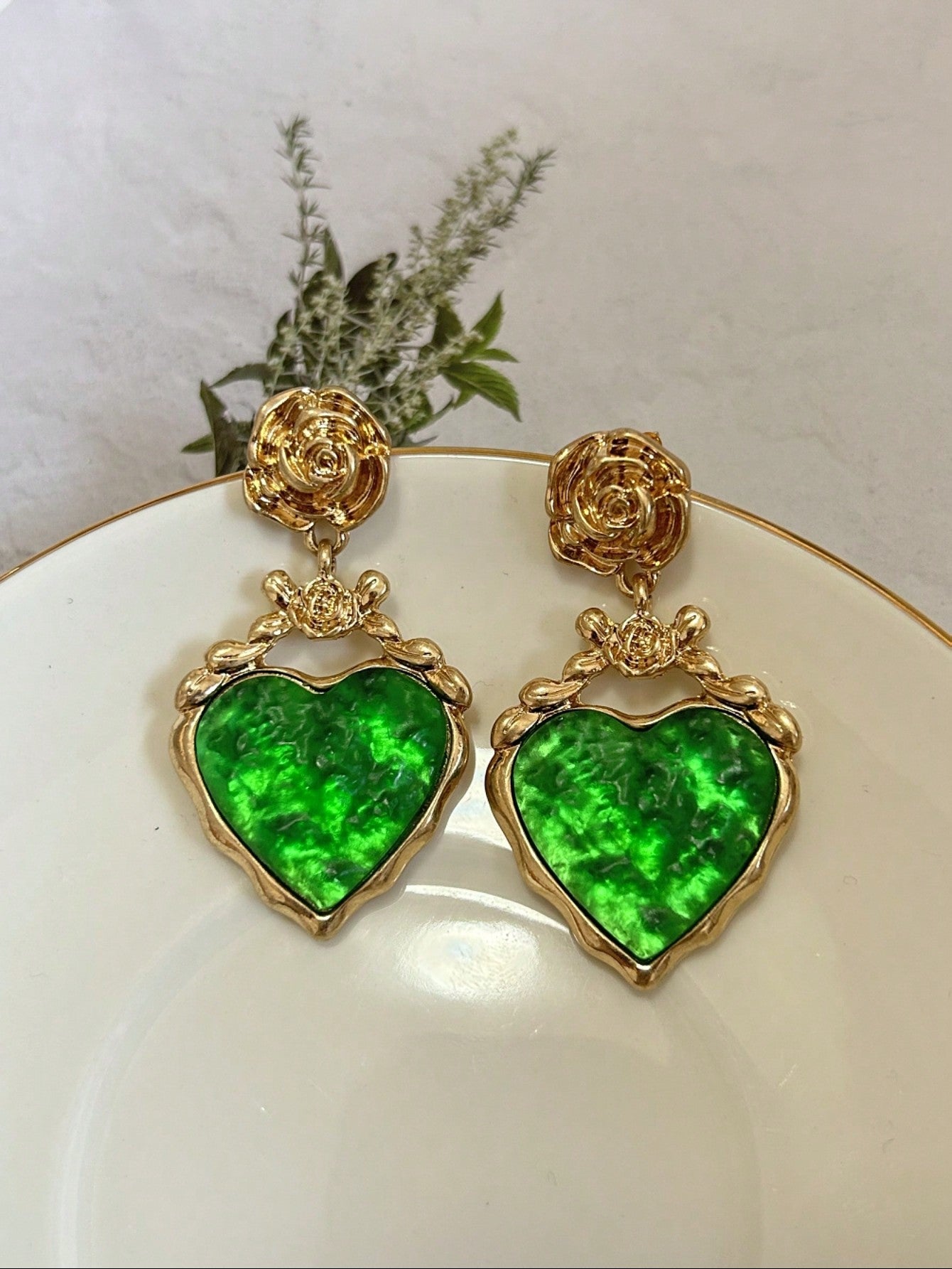 1pair Pre-owned Fashionable Flower & Heart Shaped Delicate Earrings, Perfect For Daily Wear For Women-Green-1