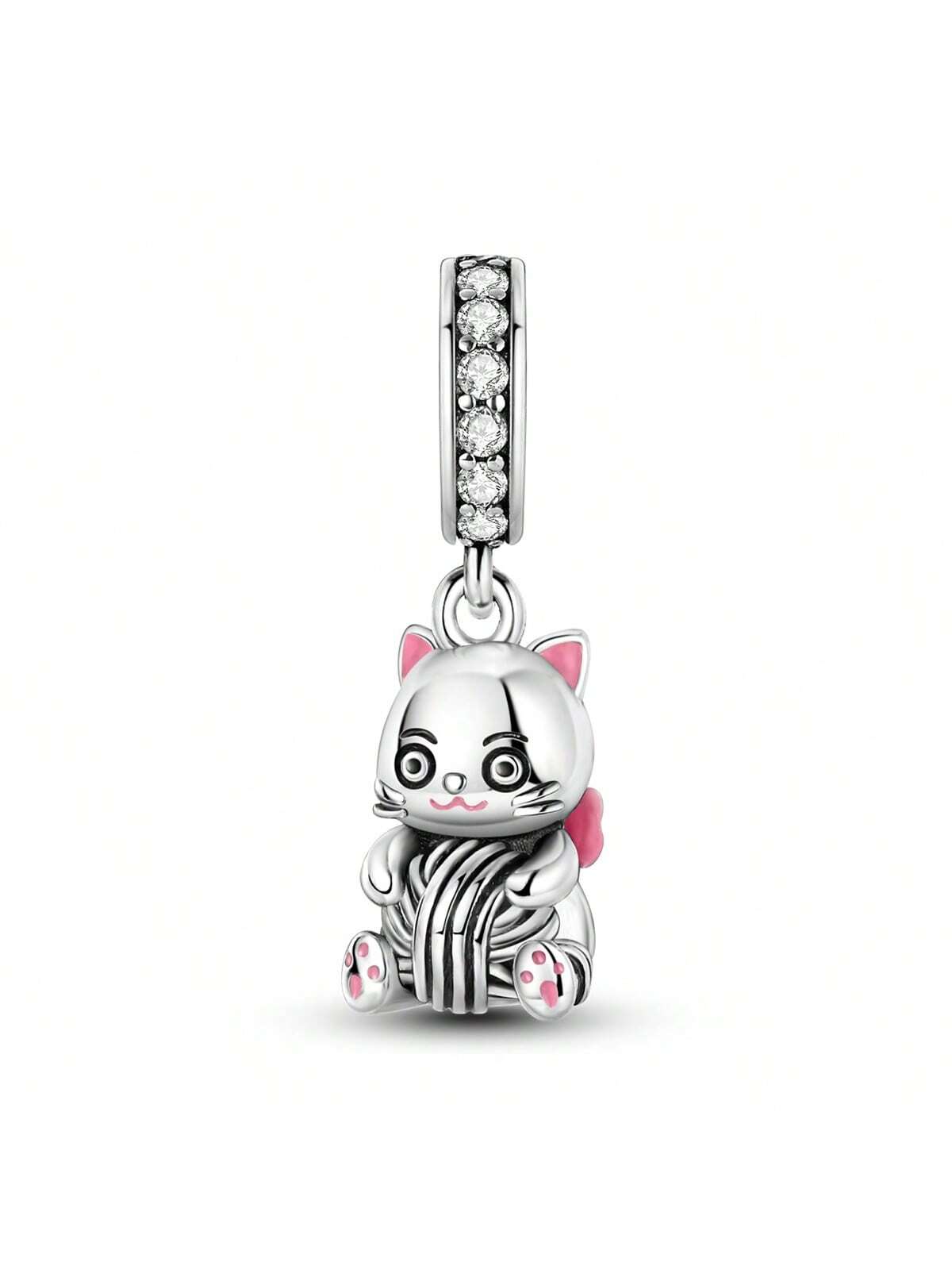 1 Pc Cute Pink Enamel Cubic Zirconia Pet Cat Hug Knitted Thread Ball Pendant Charm Fit Original Bracelet Necklace Beads For Diy Jewelry Making Daily Gift For Girl-Silver-1