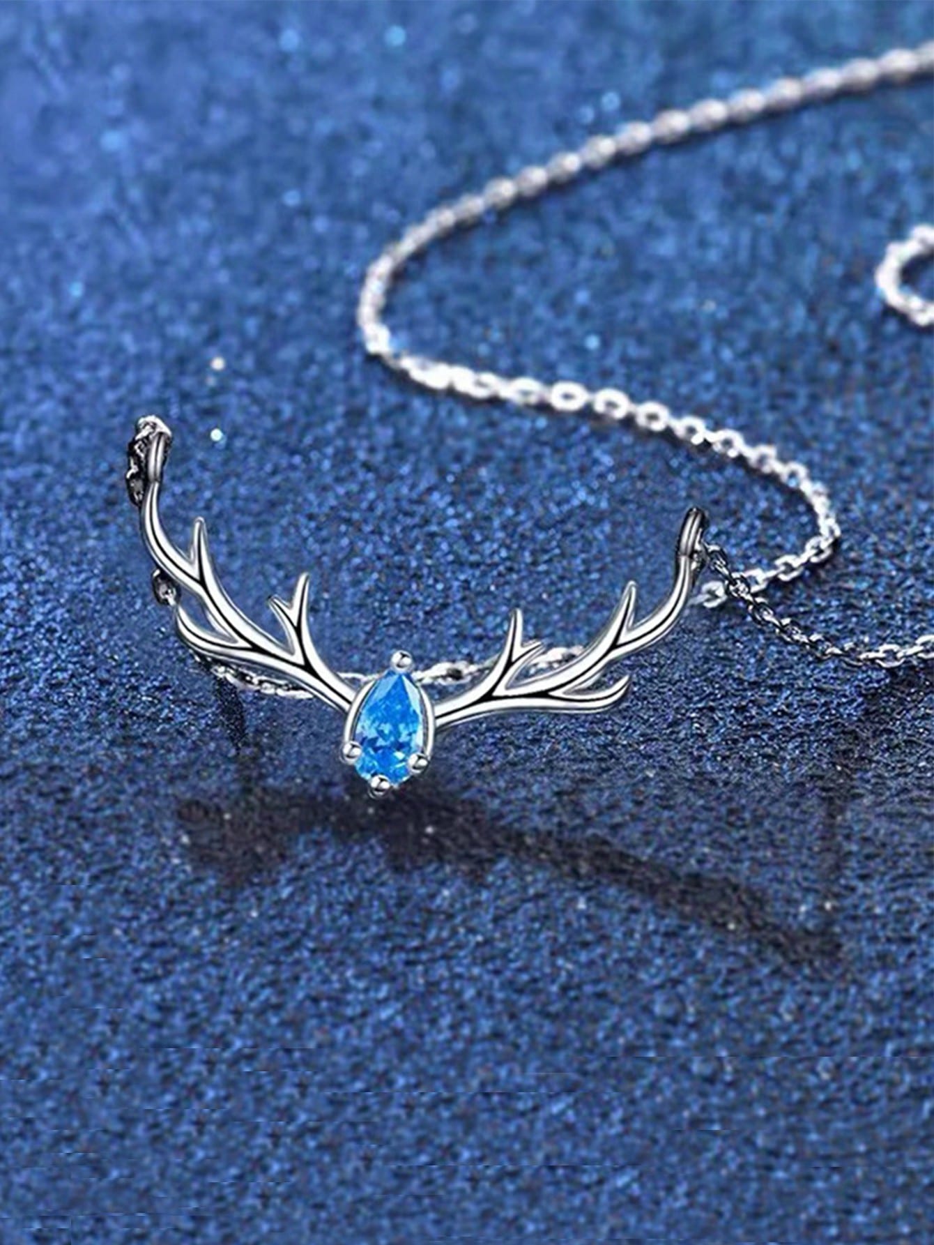 Silver Plated Necklace Women Christmas Gift Small Deer Antler Clavicle Chain-Blue-1