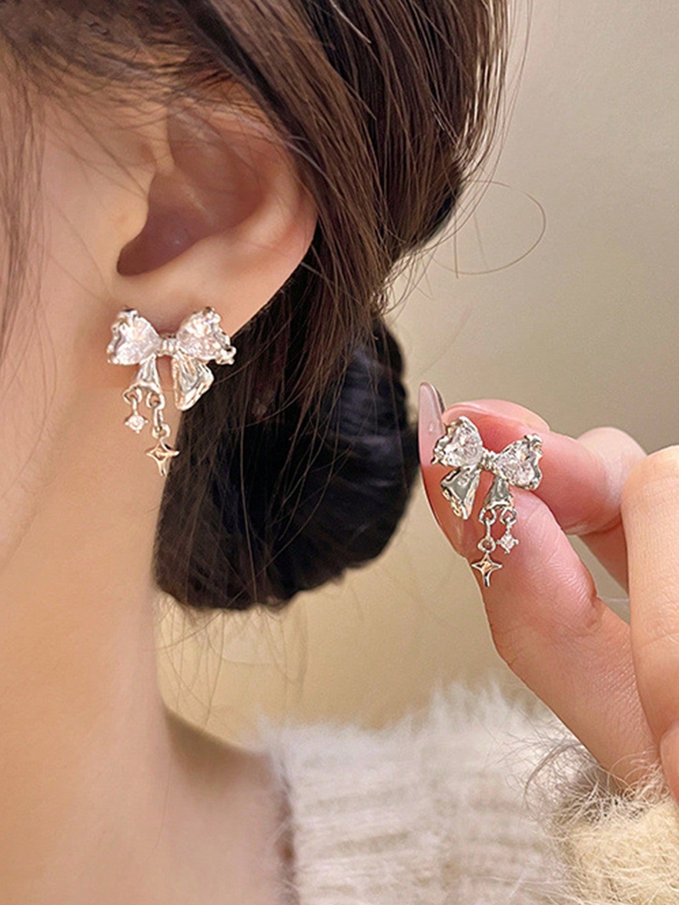 1pair Fashionable Bowknot & & Heart Shaped Earrings With Alloy Base, Suitable For Women's Daily Wear-Silver-1