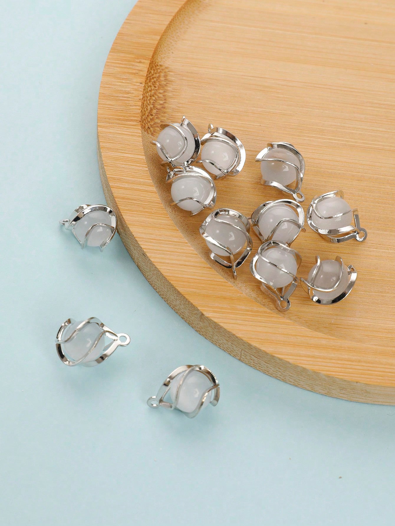 10pcs Clear & Chic Thread-wrapped Cat's Eye Stone Diy Jewelry Pendant For Necklace, Earring Making-Silver Gray-1