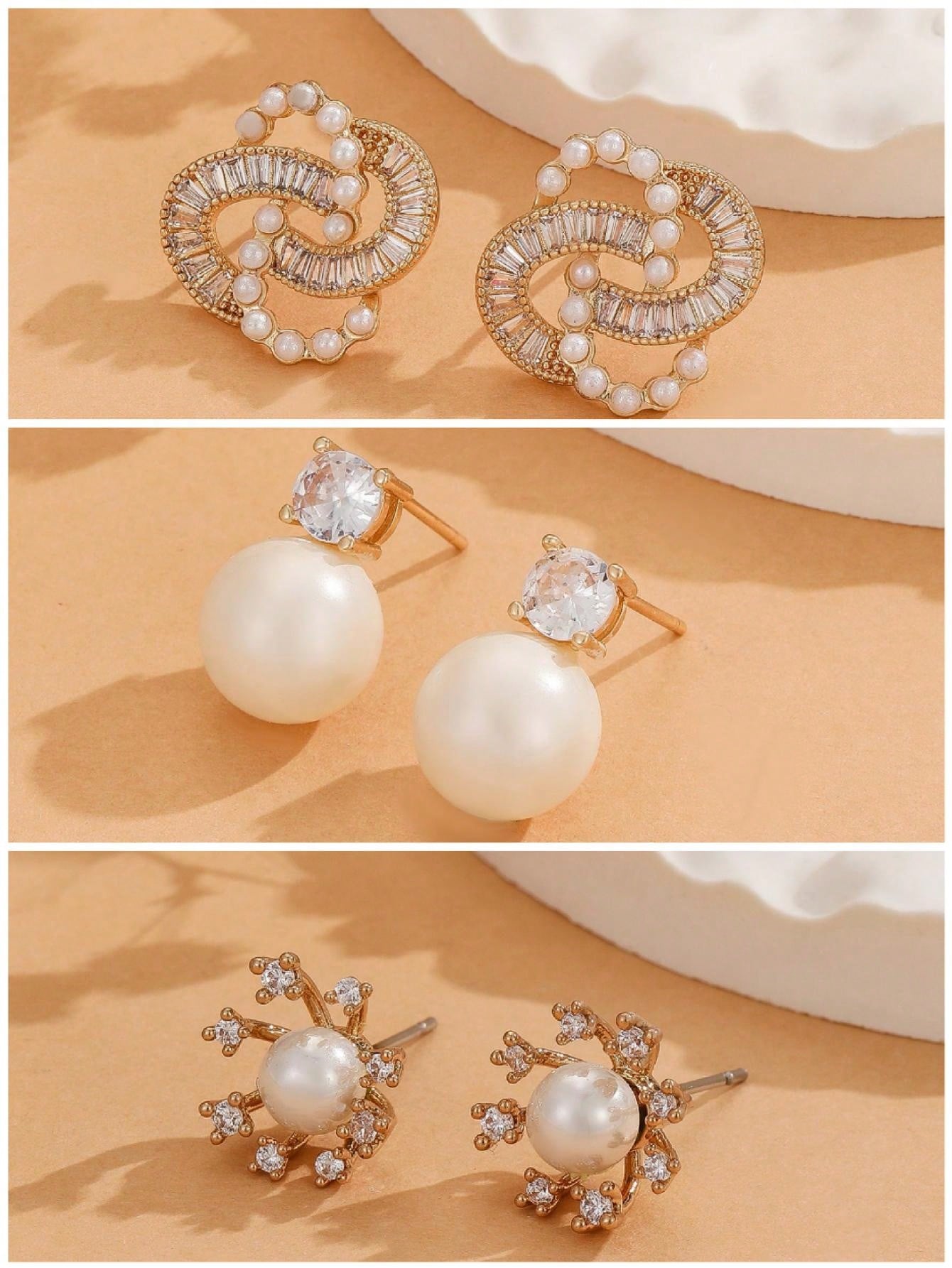 1pair Fashionable Simple Style Copper Inlaid & Pearl Stud Earrings For Women-Yellow Gold-1