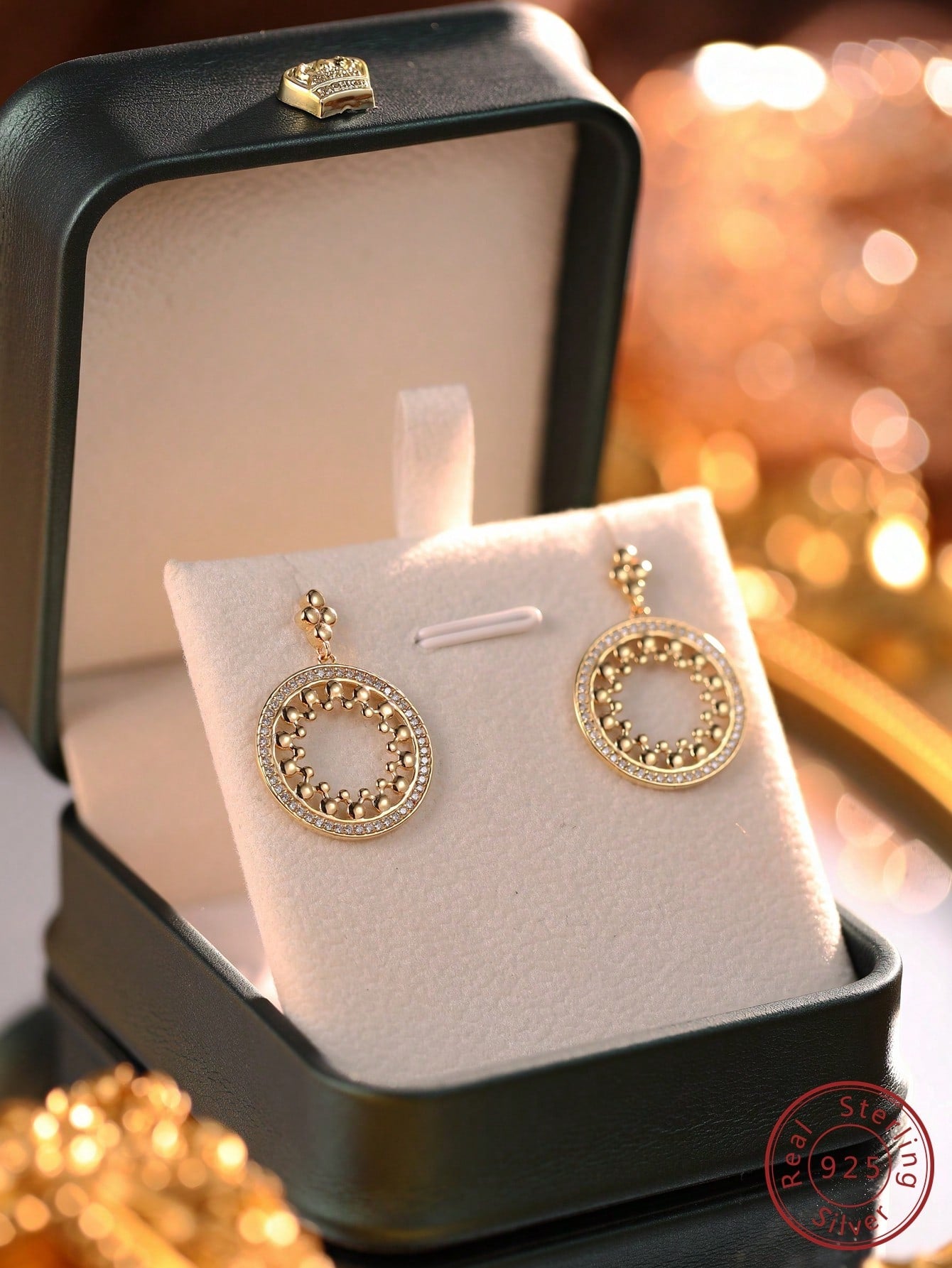 1pc Fashionable High-end Gift Box Simple & Delicate Round Design Cubic Zirconia Earring, Perfect For Festival, Wedding Party, Anniversary For Lover, Girlfriend, Silver & Cubic Zirconia Earring With Gift Box Packaging-Yellow Gold-1