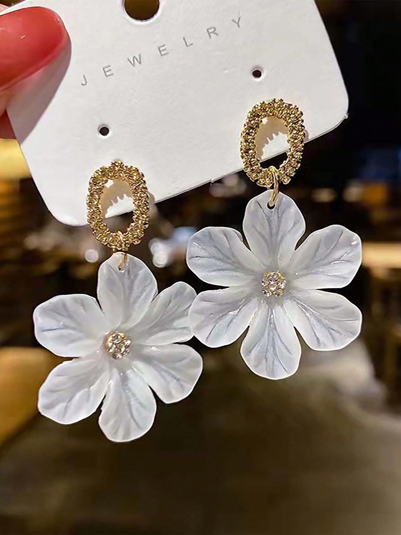 White Flower Petal Earrings-Gold-1