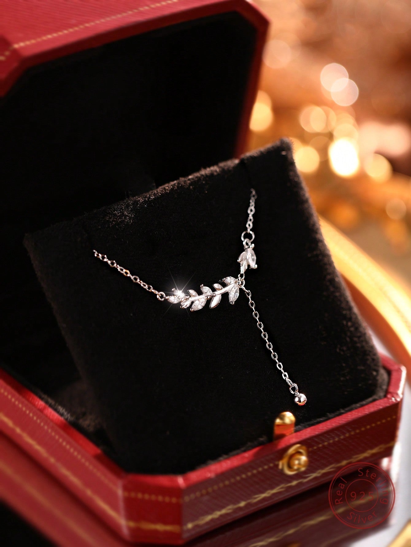 1pc High-grade Gift Boxed S925 Silver Moon & Laurel Leaf Shaped Pendant Necklace With Sparkling Gemstones, Suitable For Women's Daily Wear, Office Wear, Suitable For Gifting To Girlfriend, Lovers, Anniversary, Festival, Valentine's Day Gift-Silver-1