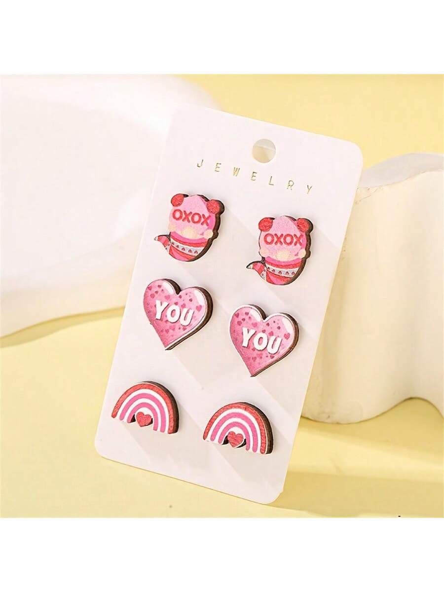 3pairs Fashionable Wooden Heart Shaped Stud Earrings, Valentine's Day Present For Women--1