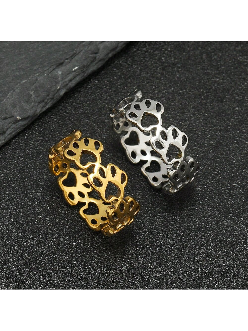 1pc Cute And Elegant Stainless Steel Hollow Out Cat Paw Print Ring, Perfect For Women To Wear On Dates-Multicolor-1