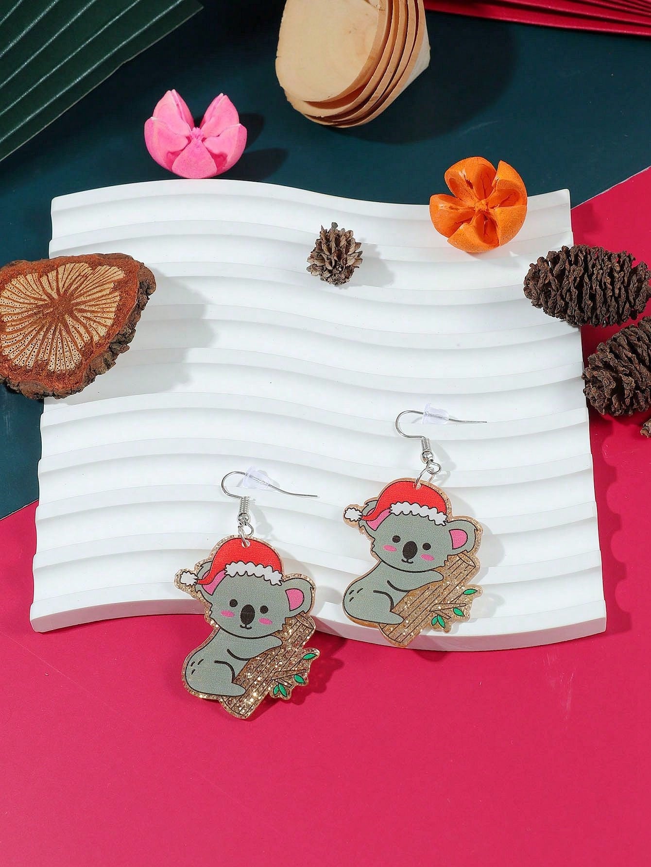 1pair Acrylic Unique Design Christmas Tree & Cute Bear Stud Earrings With Personalized Cartoon Style--1