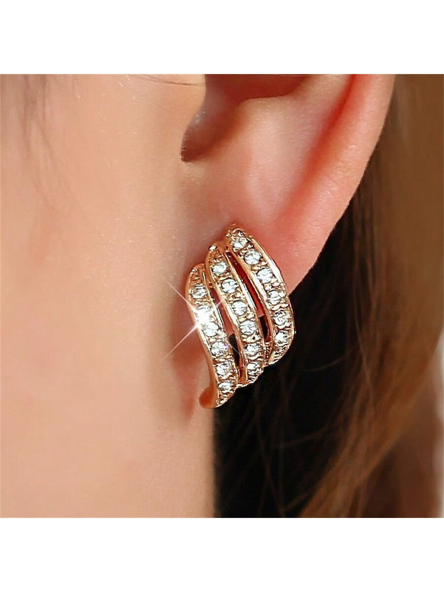 Simple & Elegant Three Rows Full Rhinestone Ear Studs For Women To Wear As Fashion Accessories-Rose Gold-1