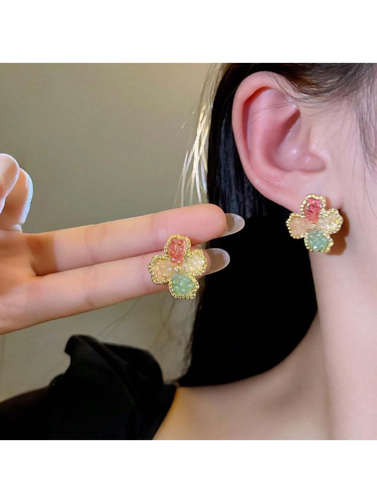 1pc Sweet Spring Floral Design Earring With S925 Silver Needle & Colored Crystal, Delicate Jewelry For Women's Daily Outfit-Multicolor-1