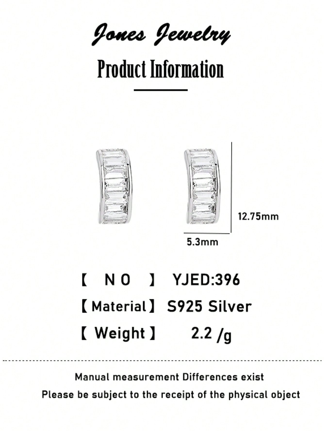 1pc Shiny 925 Sterling Silver Inlaid Square Cubic Zirconia Half Hoop Earring, Suitable For Women's Casual Wear-Silver-6