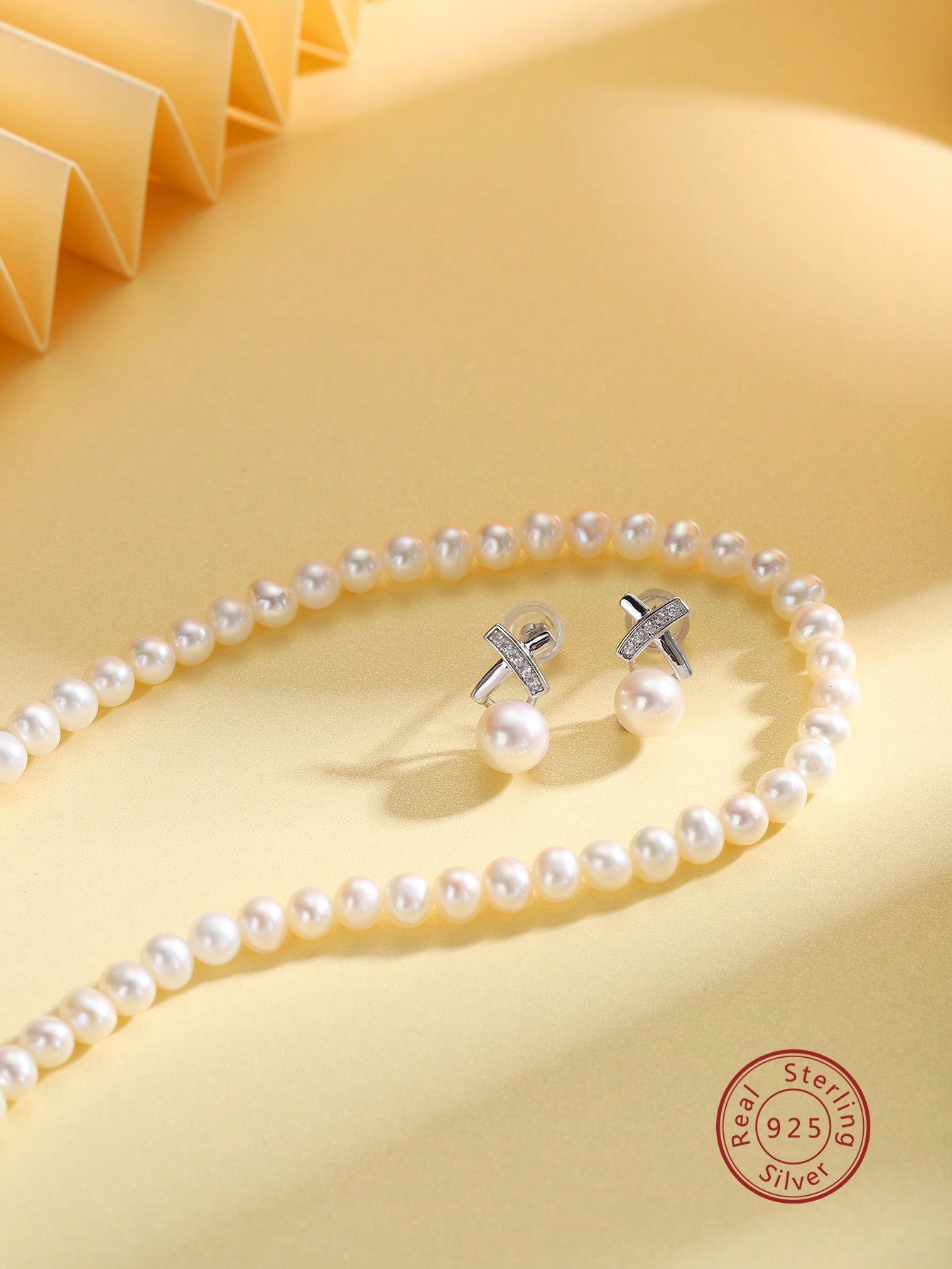 1pc Elegant Pearl Necklace With S925 Sterling Silver Pearl Earrings Jewelry Set, Suitable For Birthday, Christmas, New Year's And Women's Gifts-Silver-1