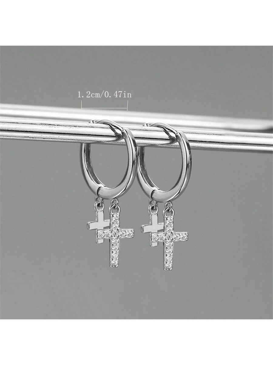 1pair Fashionable Simple 925 Sterling Silver 12mm Double Cross Earrings For Men And Women, Suitable For Daily Wear, College Style, Hip-hop Ins Tassel Hoop Earrings, Anniversary And Christmas Gifts-Silver-1