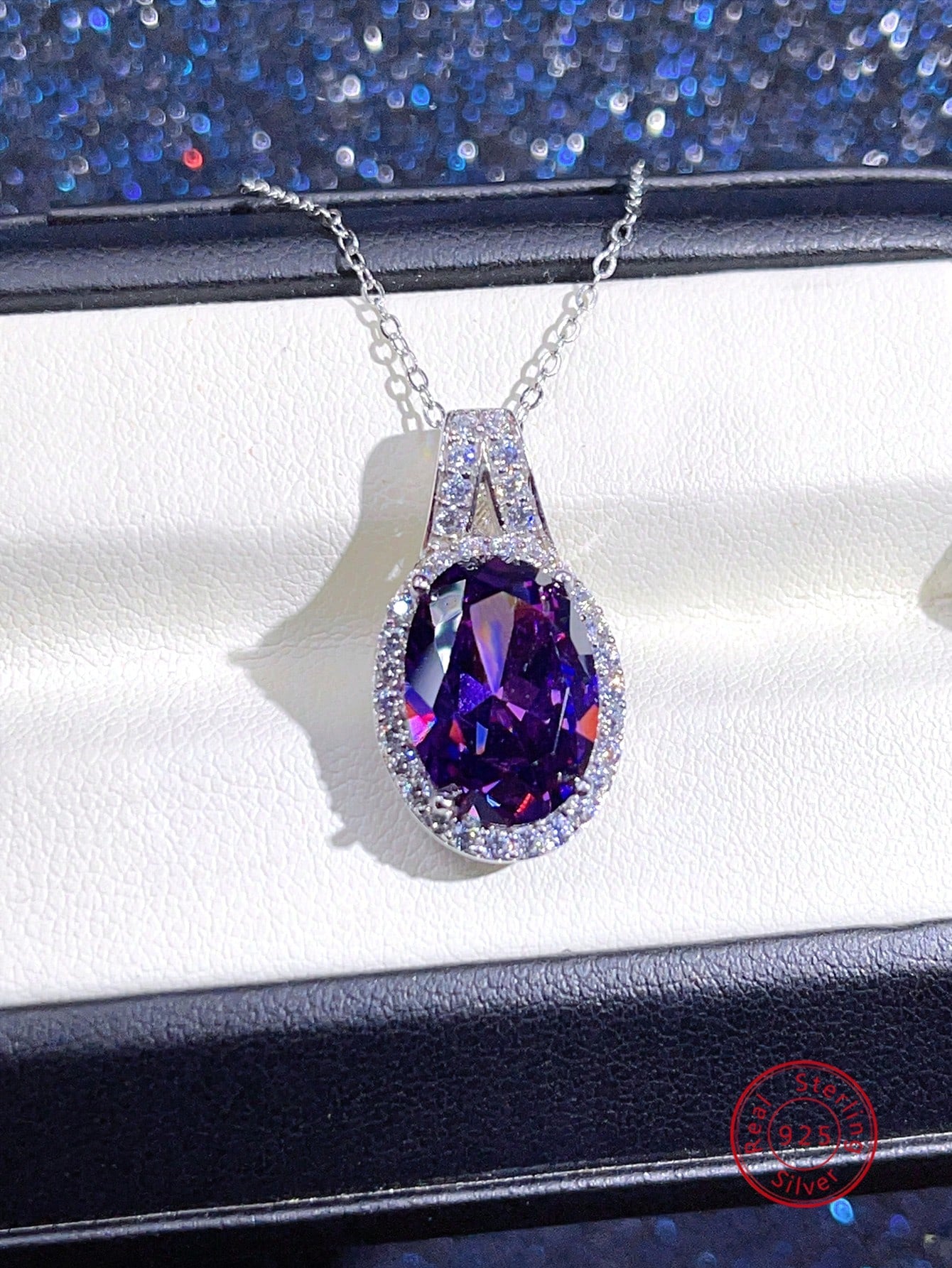 1pc Luxurious 925 Sterling Silver Zirconia & Purple Crystal Teardrop Necklace, Suitable For Women's Daily Wear, Party, Christmas Gift-Silver-1