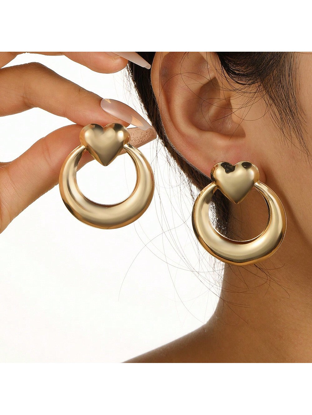 1pair Heart Shaped Metallic Circle Earrings For Women-Gold-1