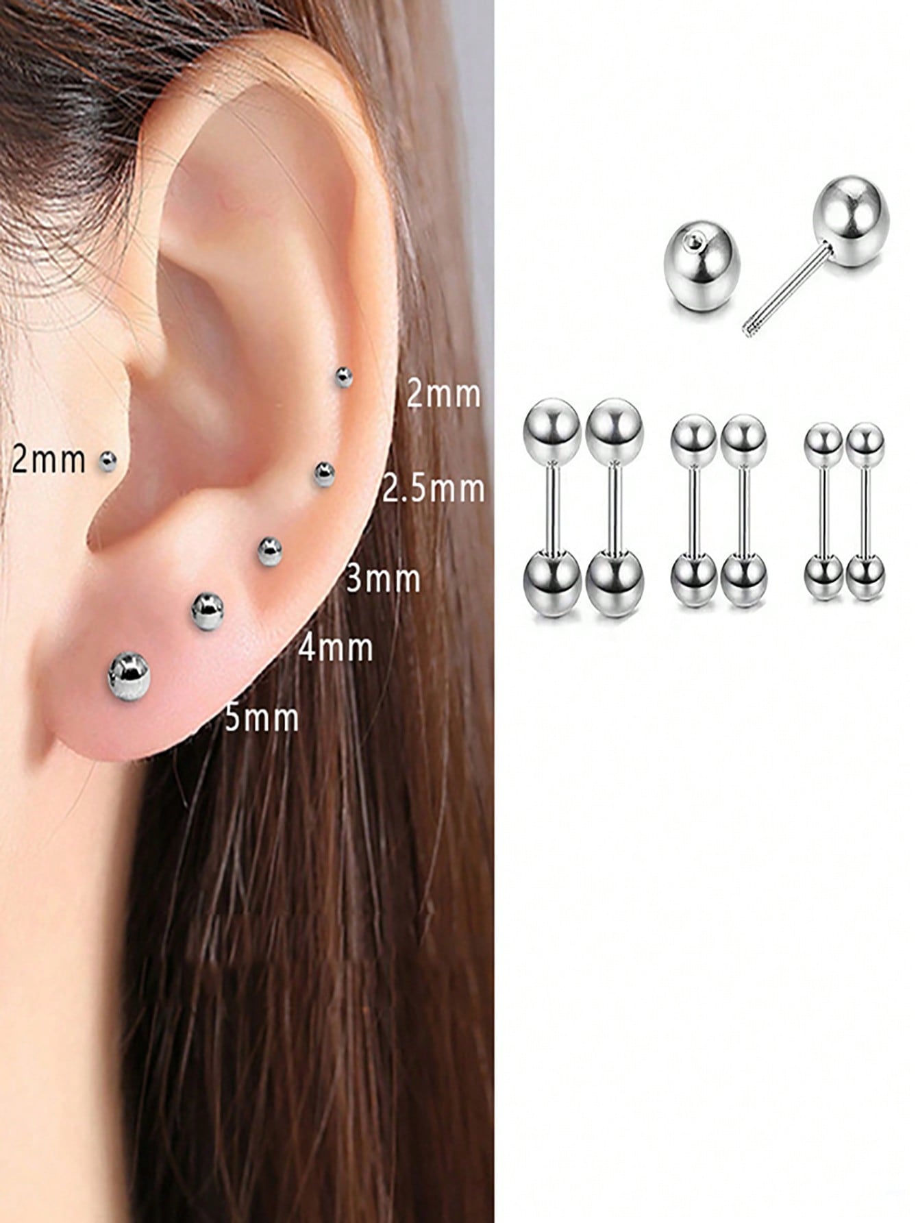 6pcs/set 3mm/4mm/5mm Fashionable Barbell Stud Earrings For Ear Piercing, Cartilage Piercing, Labret, Body Jewelry-Silver-1