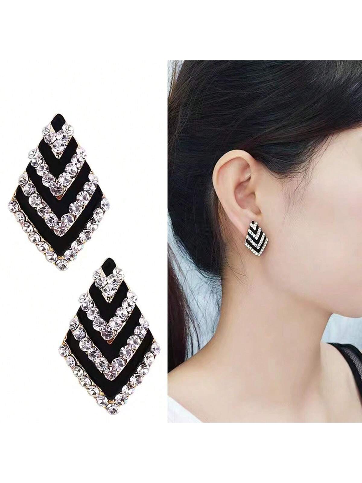 1pair Fashionable & Elegant Black Rhinestone Decor Diamond Shaped Ear Studs, High-end And Versatile Ear Accessories For Women's Daily Wear-Multicolor-1