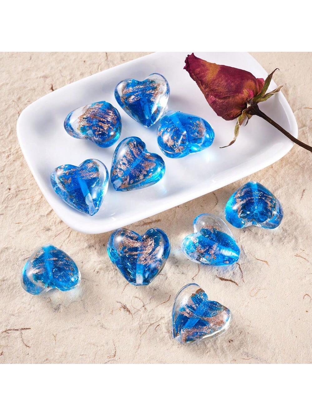 10pcs 28x28x16mm Blue Handmade Heart-Shaped Lampwork Gold Sand Glaze Beads For Diy Making Bracelets Necklaces Earrings And Other Jewellery Accessories-Blue-1