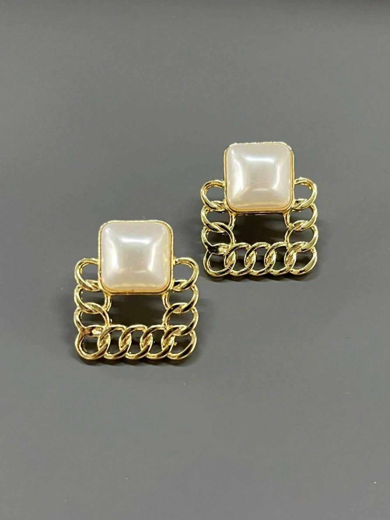 1pair 925 Silver Pin Retro & Stylish Geometric Square Pearl Earrings, Minimalist And Trendy Stud Earrings For Women-Multicolor-1