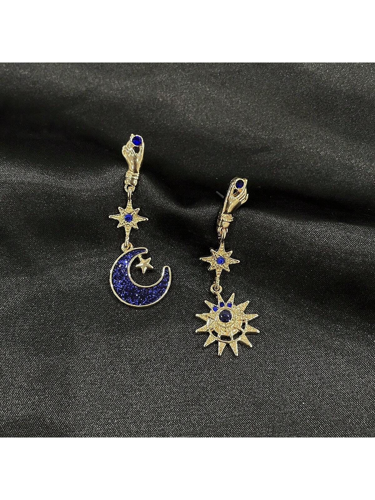 1 Pair New Design Zinc Alloy Crescent Moon Star Dainty Long Dangle Rhinestone Earrings Studs for Women Girls Cute Sun and Moon Stars Drop Jewelry Earrings Gifts-Yellow Gold-1