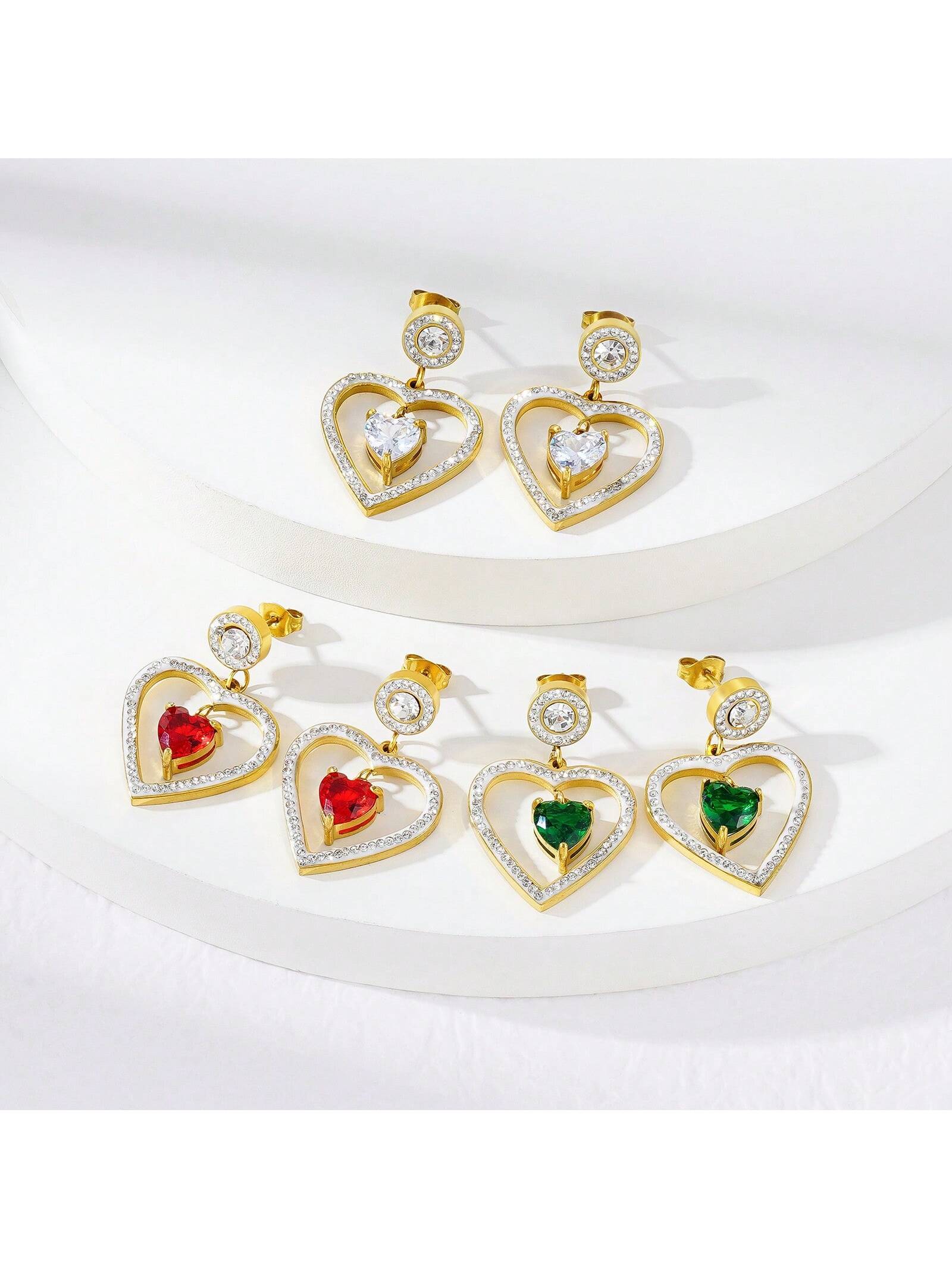 1pair European And American Colorful Full Rhinestone Earrings, Titanium Steel Hollow Out Heart Shaped Short Earrings--1