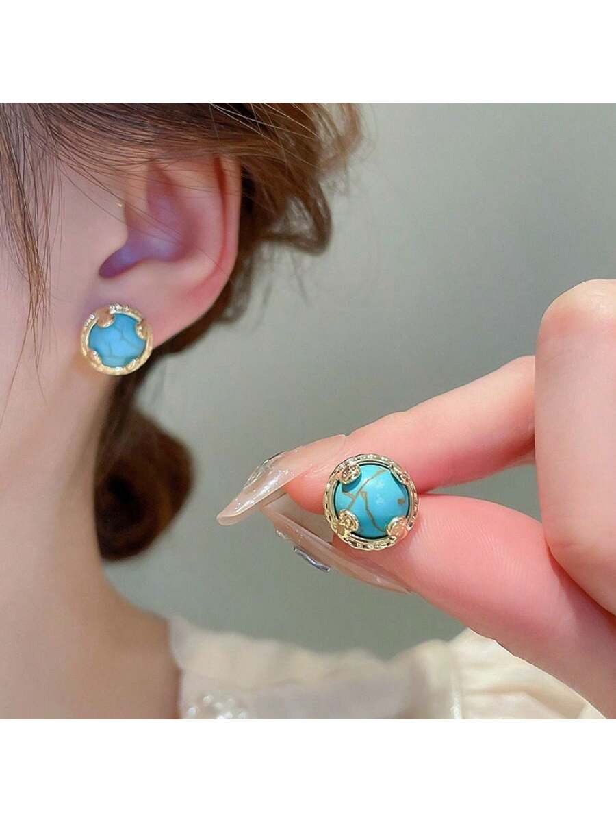 1pair 925 Silver Plated Round Blue Turquoise Earrings, French Vintage Design Stud With Personality & High-end Feeling, Suitable For Women's Daily Wear. It Is A Jewelry Item Suitable For Gift Giving During Festivals.-Blue-1