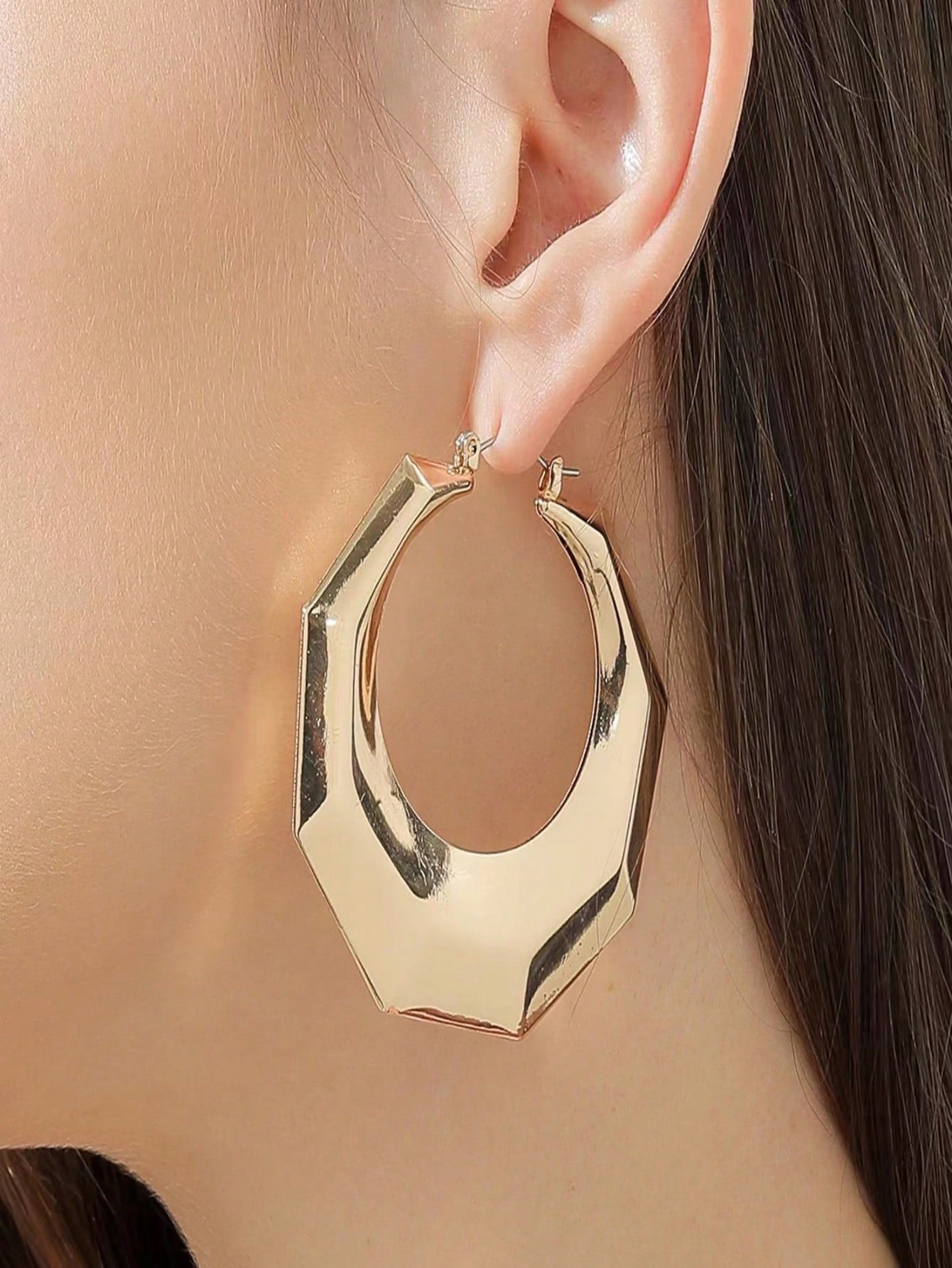 1pair Fashionable Simple But Bold Geometric Polygon Design Ultra-luxurious And Cold-toned Hoop Earrings-Gold-1