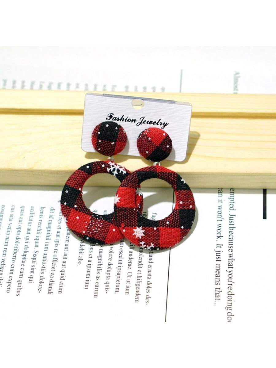 1pair Christmas Themed Geometric Round Shape Red Snowflake Fabric Hollow Out Stud Earrings-Red-1