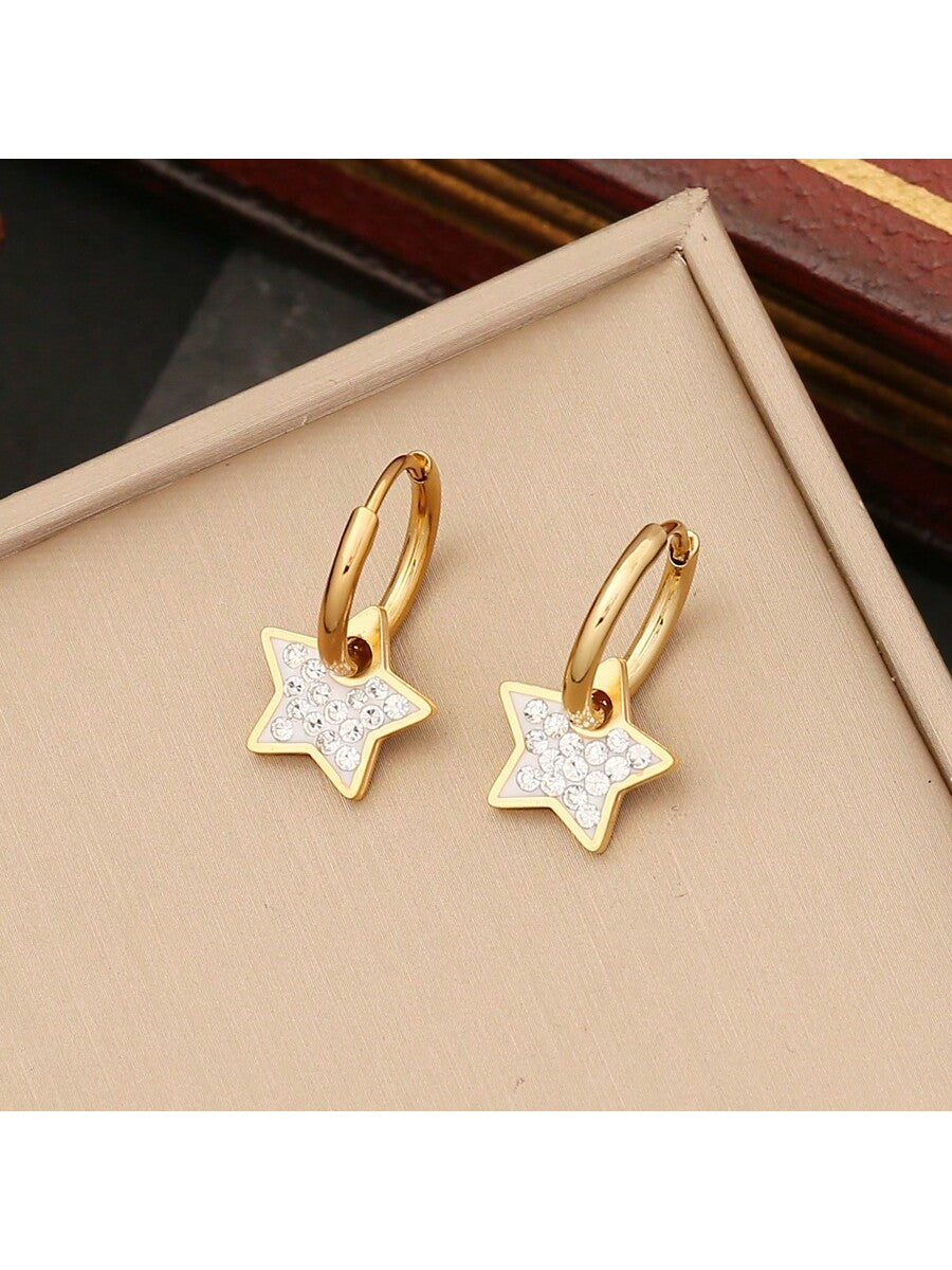 1pair Fashionable Women's Stainless Steel Earrings With Full Rhinestone--1