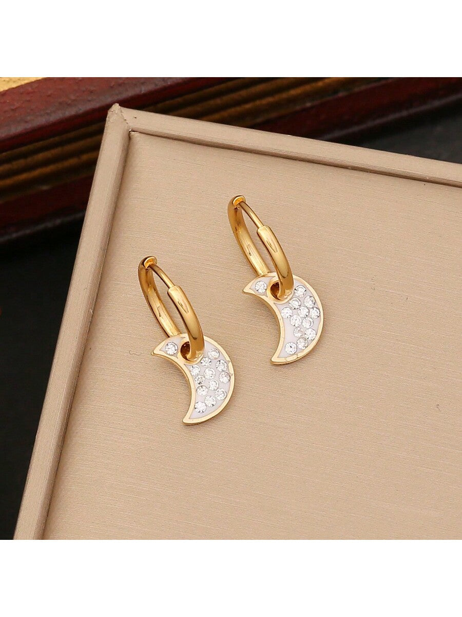 1pair Fashionable Gold Plated Women's Stainless Steel Fully Studded Hoop Earrings--1