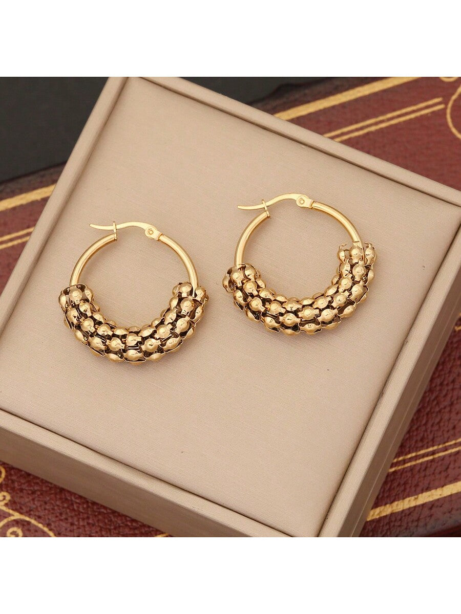 1pair Gold-tone Trendy Stainless Steel Geometric Mesh Design Earrings For Women--1