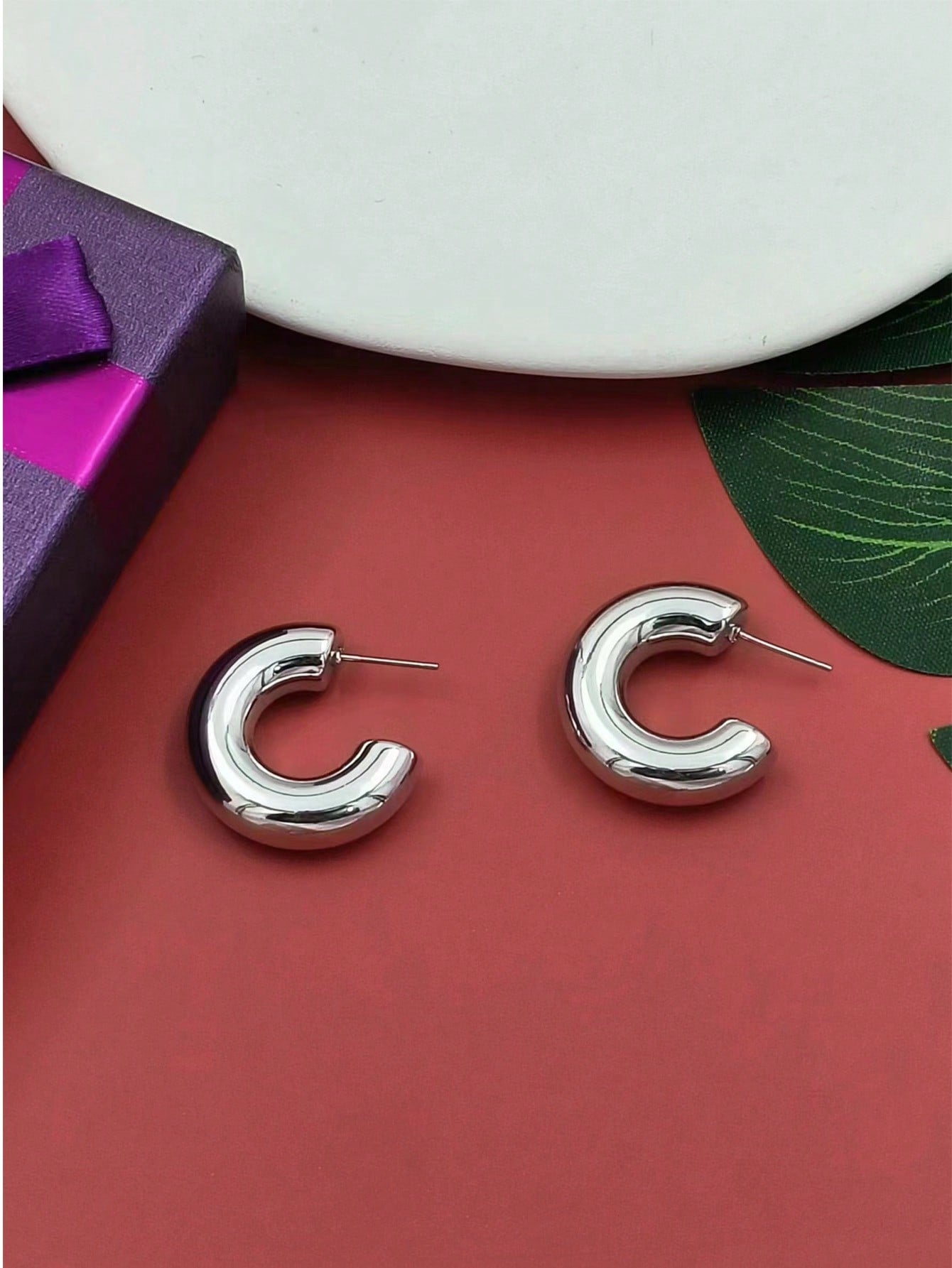 1pair Fashionable Simple Shiny C Design Earrings Suitable For Women's Daily Wear-Silver-1