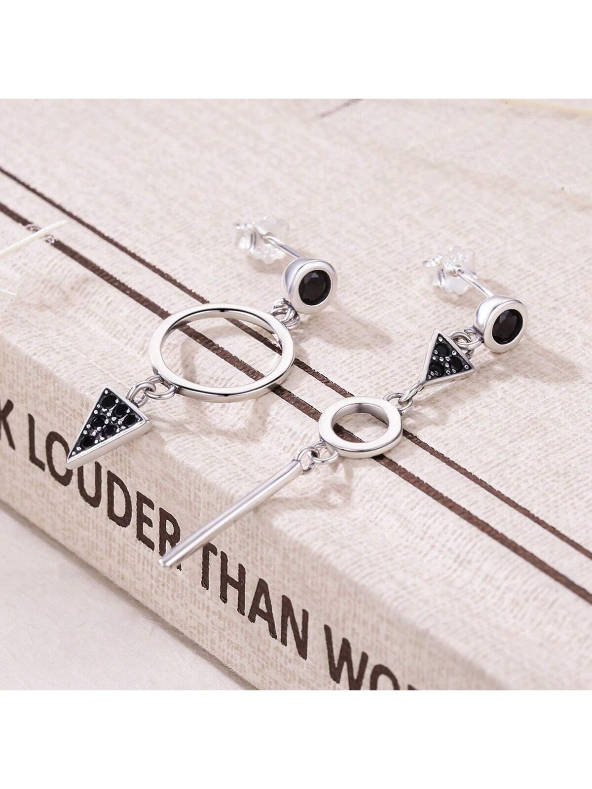 1 Pair 925 Sterling Silver Triangle & Circle Pendant Earrings Black  Stud Earrings For Women Daily Party Fine Jewelry-Silver-1