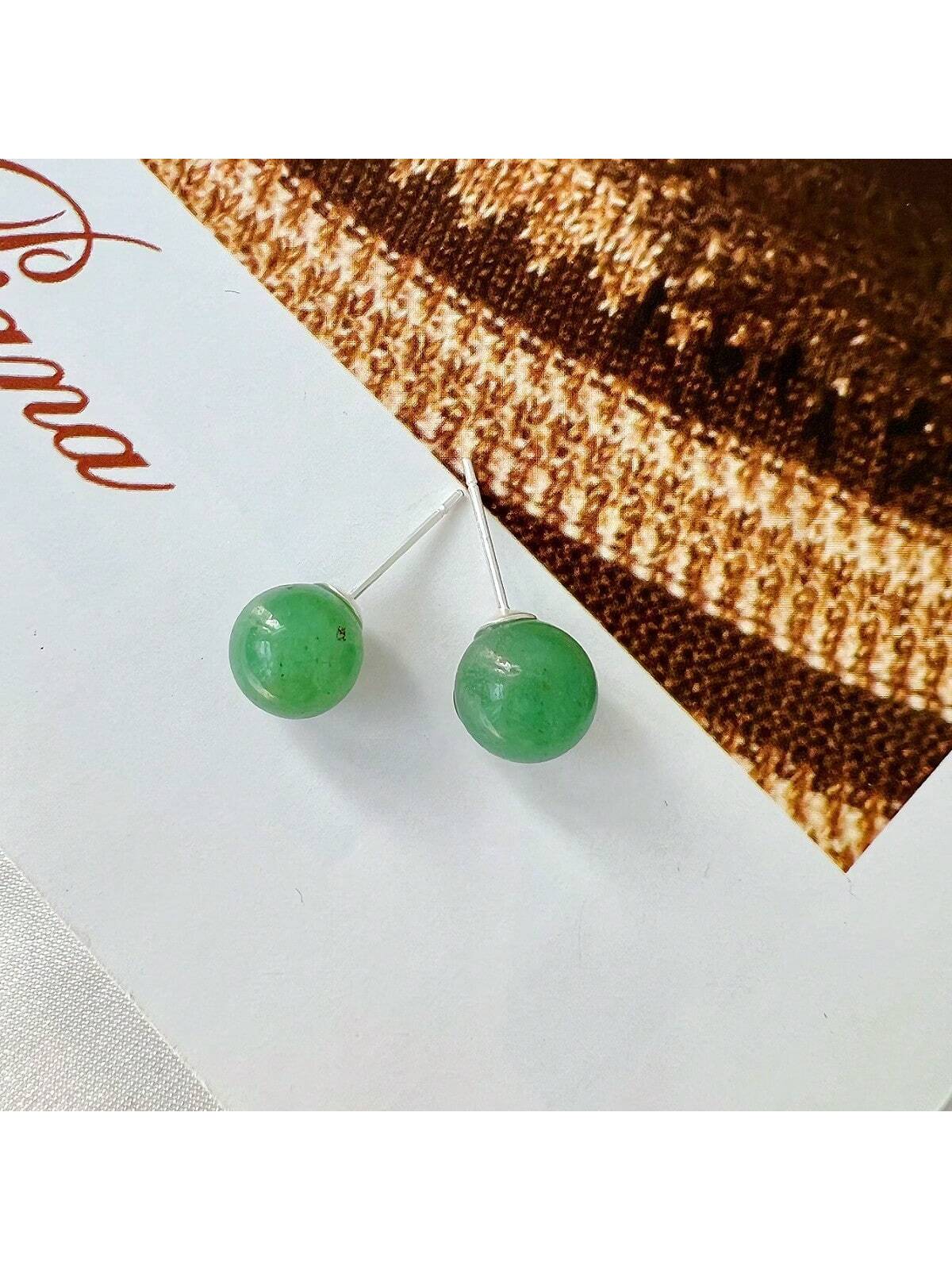 1pair Simplistic & Stylish Green Natural Stone Stud Earrings-Green-1