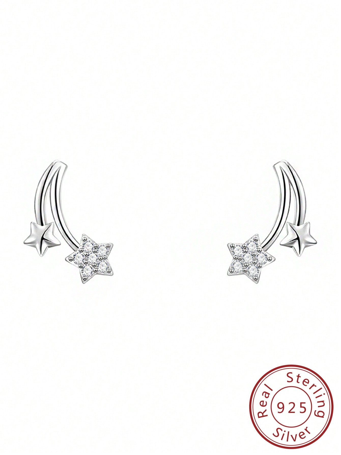 1pair 925 Sterling Silver & Diamond Inlaid Ear Cuff Stud Earrings With Minimalist Meteor Design For Fashionable & Versatile Look--1