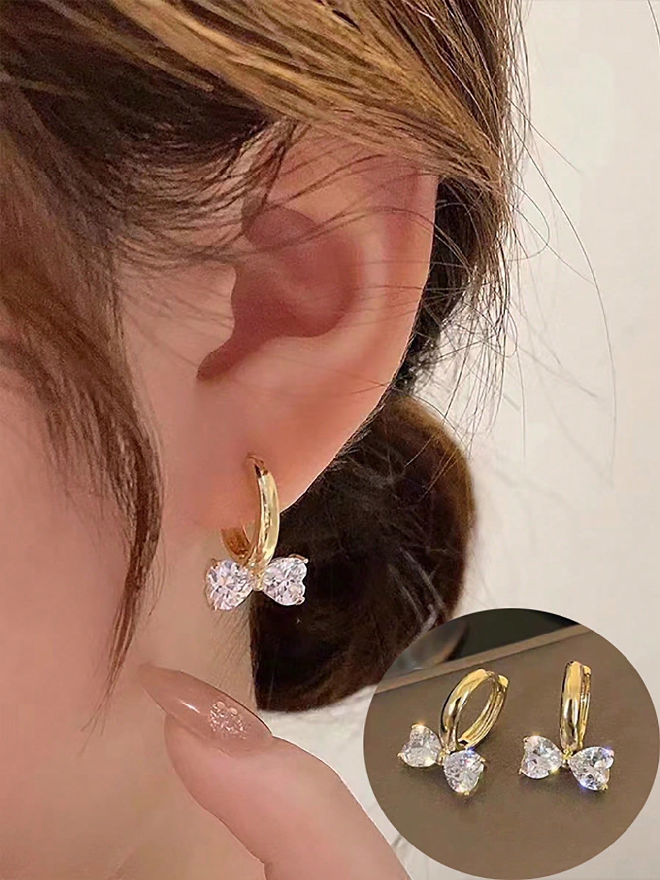 1pair Copper Inlaid Zirconia Butterfly Knot Earrings For Women, Simple Versatile Jewelry-Yellow Gold-1