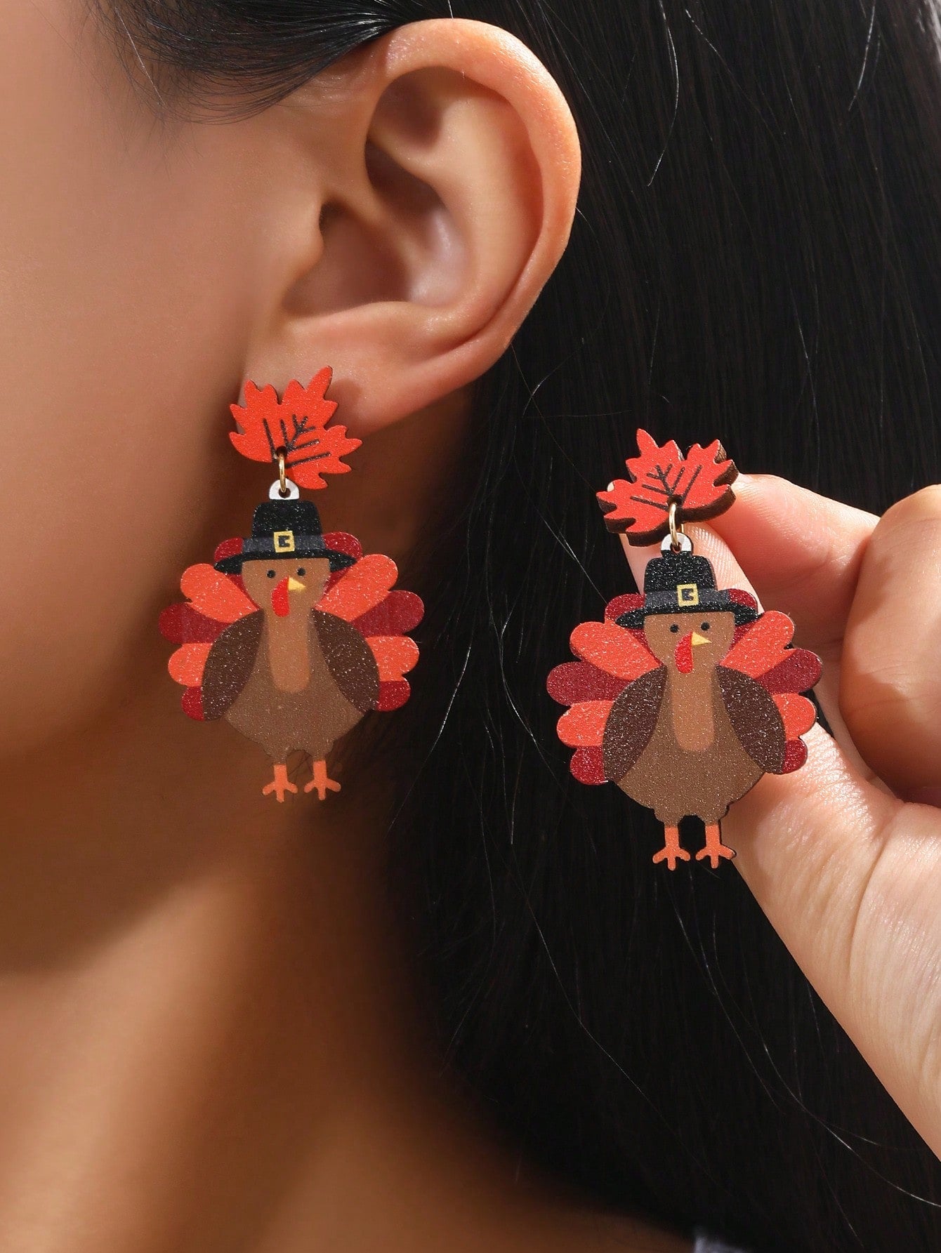 1pair Thanksgiving Turkey Earrings Creative Wood Turkey Dangle Earrings For Women Pop Cartoon Lovely Holiday Party Ear Accessory-Multicolor-1