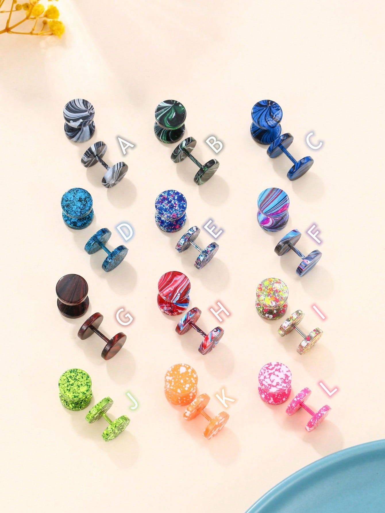 2Pcs/Set Colorful Stud Earrings Flat Back Earrings Stainless Steel Faux Gauge Earrings Tunnel illusion Tapers Cheater Faux Fake Stud Earrings Fake Ear Tunnels Expander Plugs Stretcher Gift for Couples Friends-Multicolor-1