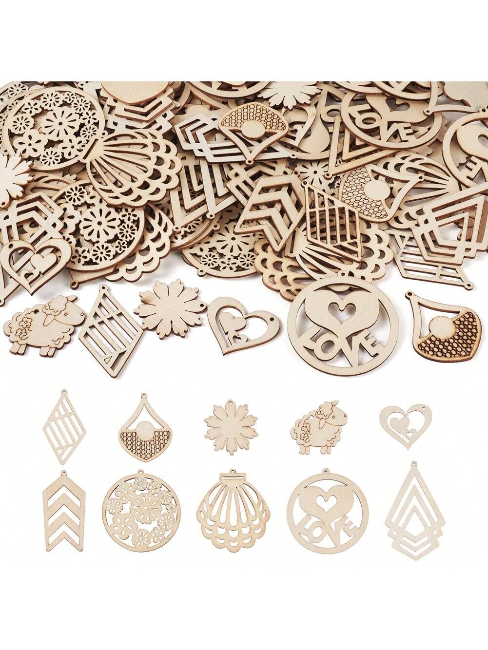 100pcs Mixed Flower, Diamond & Heart Shaped Hollow Laser Cut Wooden Diy Earrings Pendant Charms, Dyeable-Apricot-1