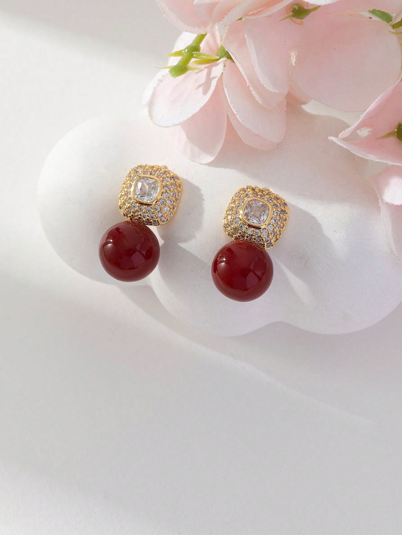 1set Red Pearl Stud Earrings, Suitable For Christmas/Wedding/Party, Elegant Bridal Jewelry, Design For Women's Daily And Work Wear-red yellow-1