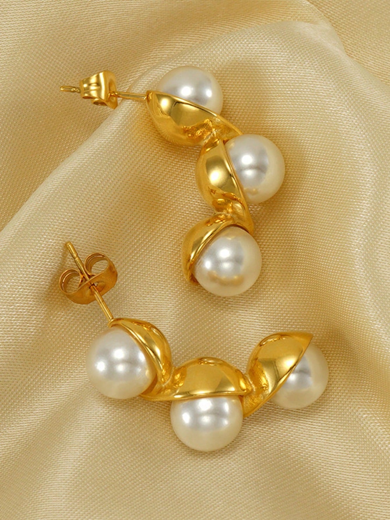 1pair/2pcs Gentle & Elegant Arch Pearl & Bean Pod Design Earrings Suitable For Dating, Party And Daily Wear-Yellow Gold-1