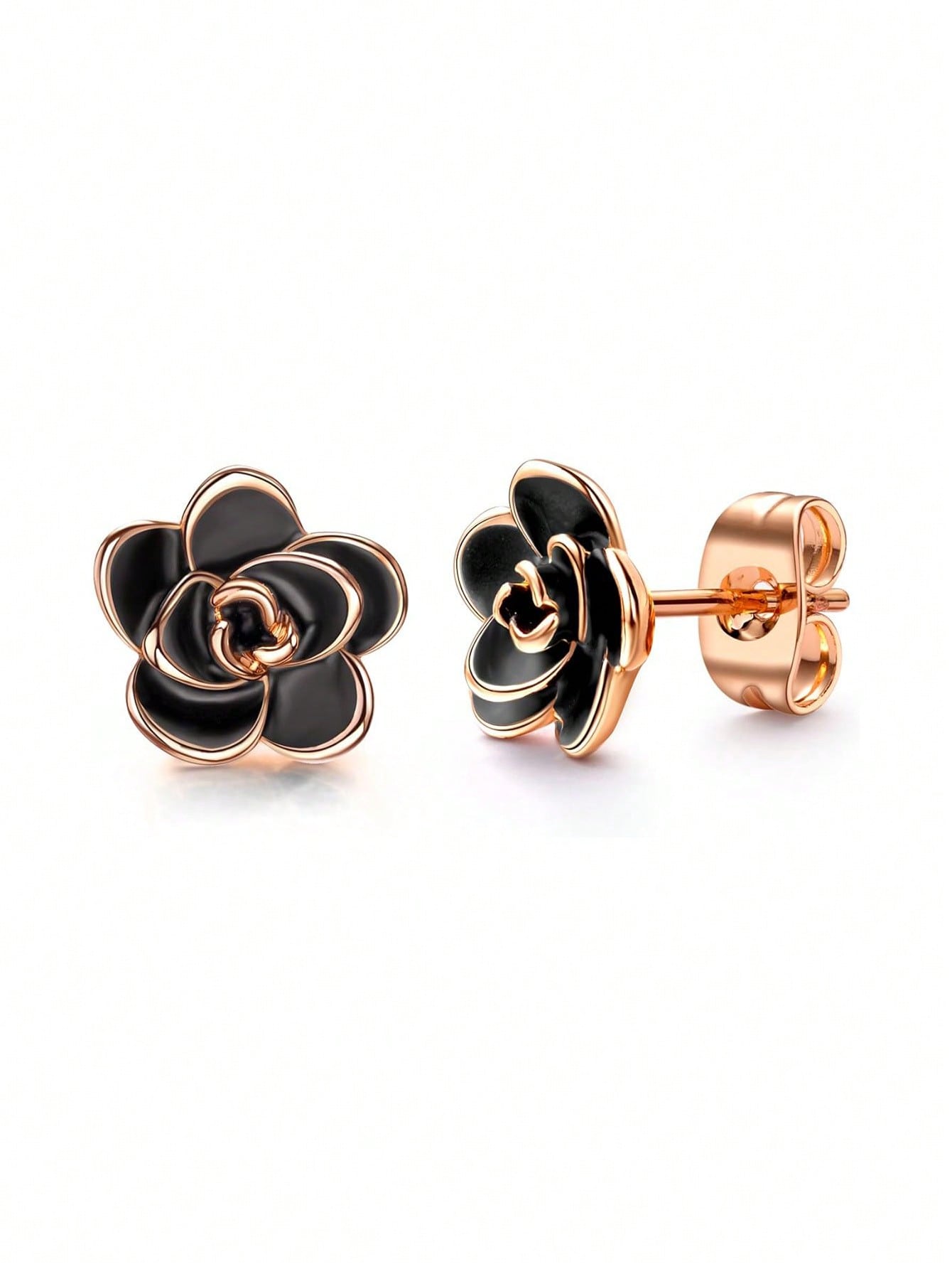 1pair Rose Flower Stud Earrings For Sensitive Ears Hypoallergenic, Cute Gold And Silver Ear Studs For Women Girl, Nickel Free-Black-1