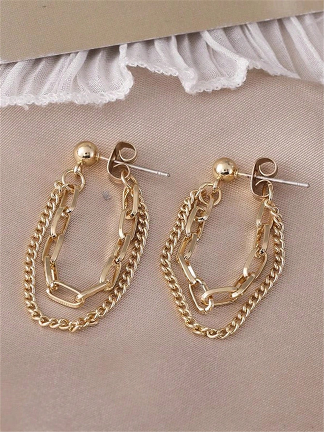 1pair Fashionable European Trendy Metal Materials Double Layer Chain Tassel Earrings Suitable For Women'S Daily Wear-Gold-1